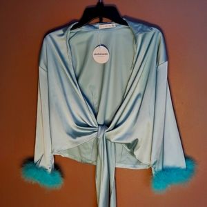 Colorful Natalie Flowy Satin Blouse with Fuzzy Trim Sleeves